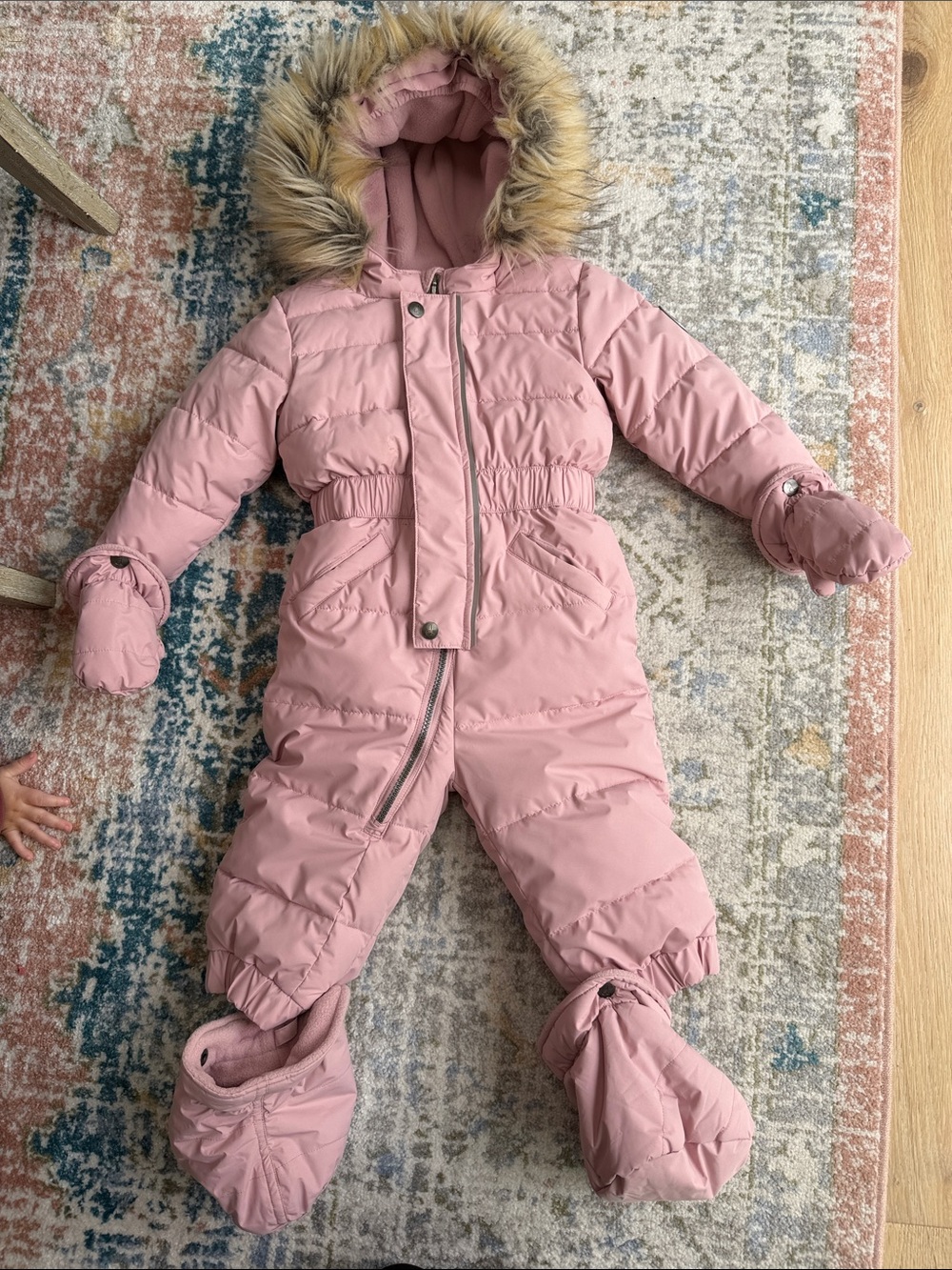 Deax par deux Pink Faux-Fur Hooded Snowsuit with button on mittens and booties